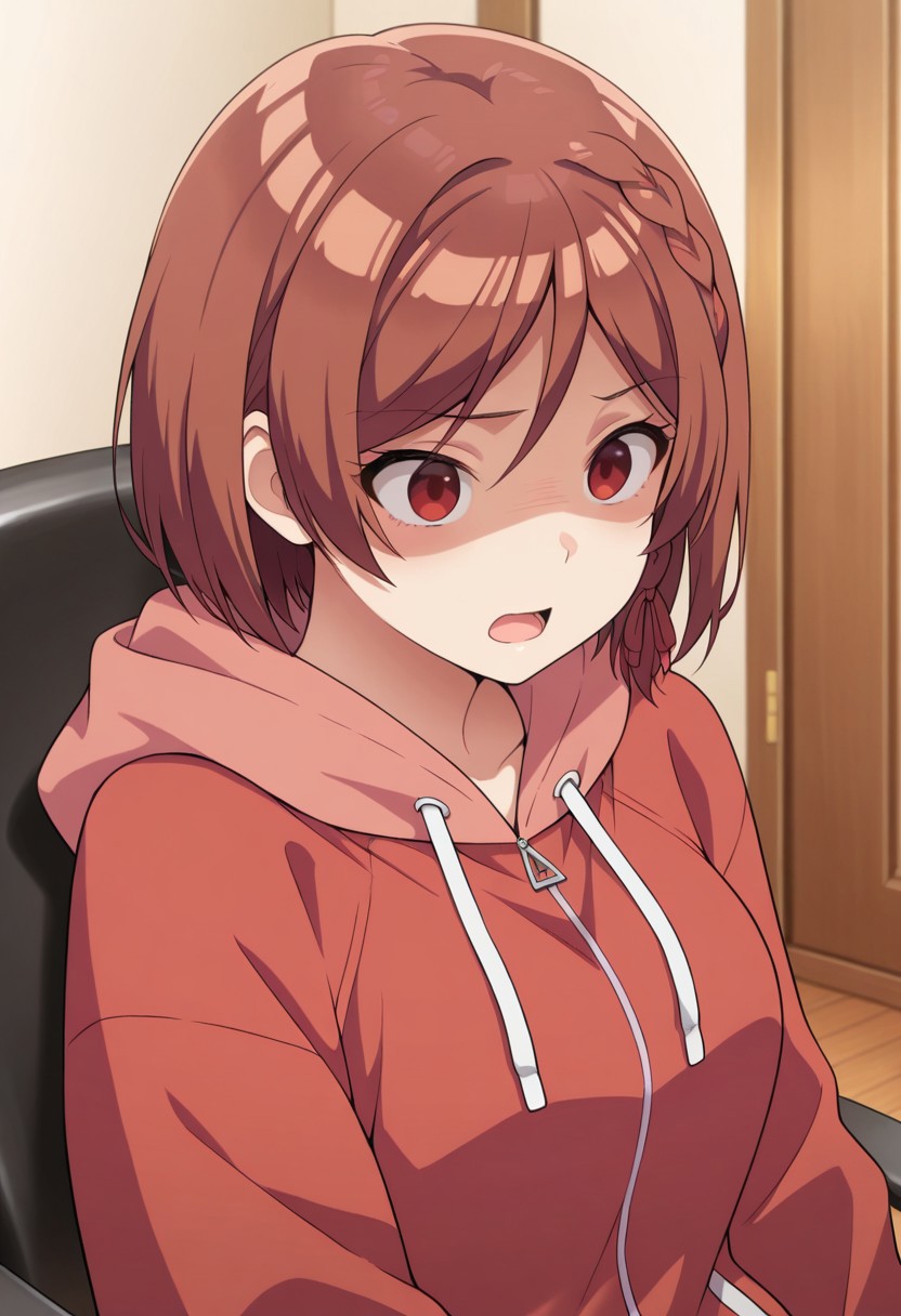 masterpiece,best quality,amazing quality,sakuramori akane, short hair, brown hair, red eyes, 1girl, solo, hood, hoodie, braid, shaded face, sitting, drawstring, chair, indoors, hood down, side braid, upper body, open mouth