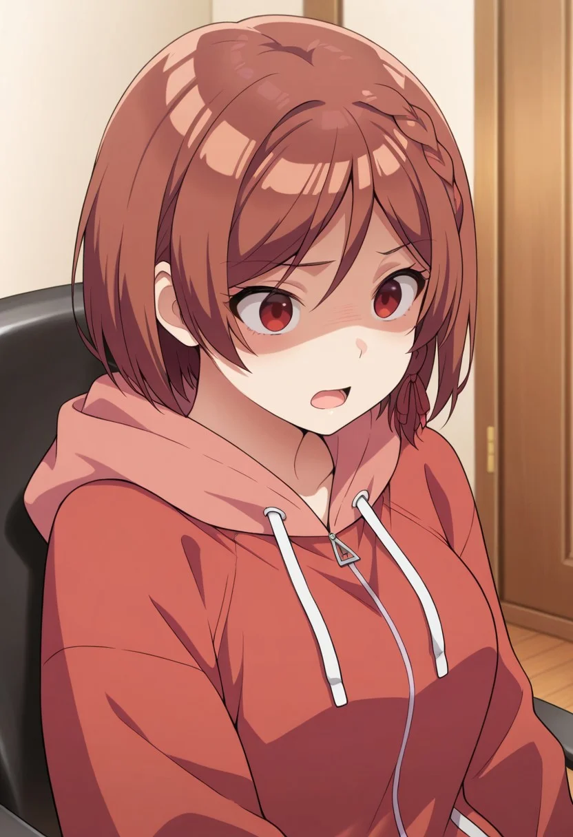 masterpiece,best quality,amazing quality,sakuramori akane, short hair, brown hair, red eyes, 1girl, solo, hood, hoodie, braid, shaded face, sitting, drawstring, chair, indoors, hood down, side braid, upper body, open mouth