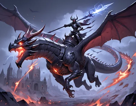 score_9, score_8_up, score_7_up, nighttime, epic image of an armored man riding a huge dragon through a dark sky, flying, lightning, black armor, darkness, horns, horned helmet, dark mood, otherworldly, dark clouds, dark lord, holding staff, glowing eyes <lora:dragonriderpxl:0.8>, dragonriderpxl, motion, action shot, best quality, masterpiece, vortex in sky, dark magic, anime style,