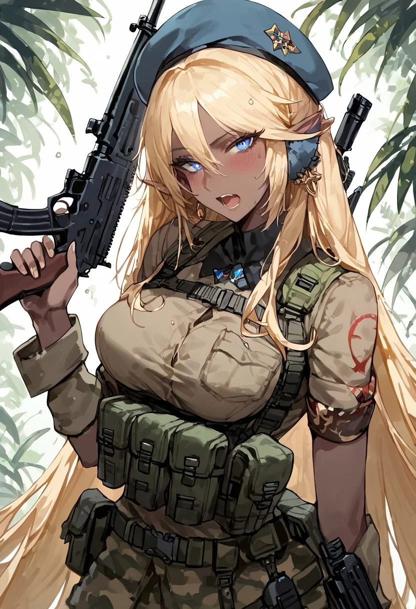 score_9, score_8_up, score_7_up, score_6_up, score_5_up, <lora:frengXLP:1> freng, 1girl,
anastasia faizland, 1girl, solo, very long hair, breasts, looking at viewer, blush, open mouth, blue eyes, blonde hair, medium breasts,, long pointy ears,, elf, ak-74u, assault rifle, belt, carbine, earmuffs, looking at viewer, gun, handgun, beret, holding, holding gun, holding weapon, holster, pouch, , rifle, tactical clothes, camouflage uniform, uniform, weapon, Jungle, Jungle camo, detailed eyes、detailed face and detailed skin
BREAK
(score_9, score_8_up, score_7_up), (Masterpiece), (expressive eyes), 1girl, Expressiveh,
Dark Elf, dark skin, pointy ears
<lora:MGE_V5.1:0.5>