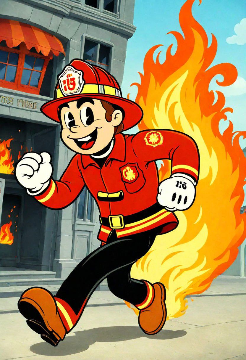 (rubber_hose_character:1.1) <lora:RubberHose_Characters_SDXL_v1:1.3>, cartoon, firefighter running into a burning building