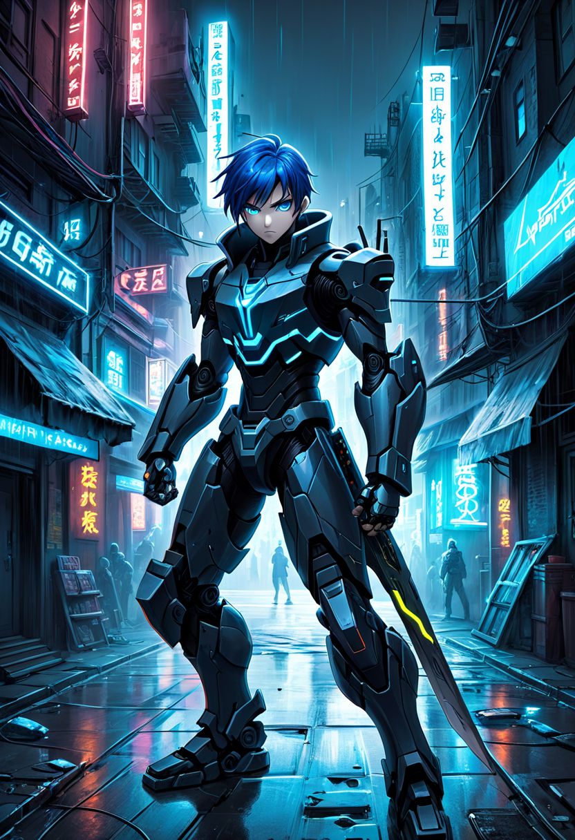 ((Cyberpunk man)), ((asymmetric hair, blue hair)), ((blue eyes)), ((ready to fight, action shot)), ((dark gray robotic armor, blue neon, ice element)), full body, eye focus, ((Blade runner city)), Night, 2d anime hand-drawn digital sketch style, <lora:ral-frctlgmtry-sdxl:0.5>, Cyberpunk, OverallDetail