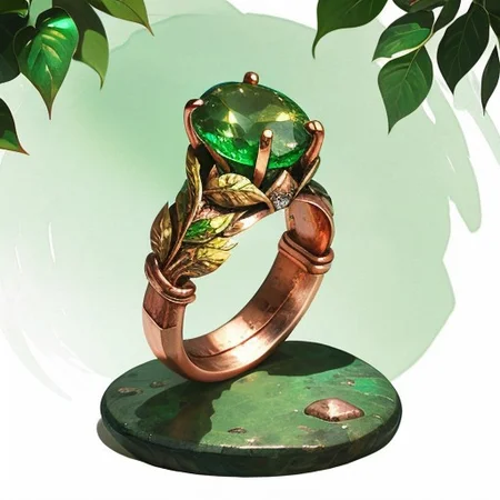 MagicItem_v1, magic ring with plant growing druid powers, ring body should be (copper and stone:1.3) should have emeralds arranged in botanical patterns.