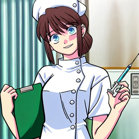 masterpiece, best quality, hospital room, blood splatters, blood smears, holding, holding needle, injection needle, looking at viewer, head tilt, <lora:Tsukihime NXL:1>1girl,shirakawa_miho,blue eyes,brown hair,single hair bun,medium breasts,nurse,holding clipboard, nurse_cap ,scary smile, glassy eyed smile, cheerful smile, bubbly pose, <lora:shirakawa_miho-illus:0.9>,solo