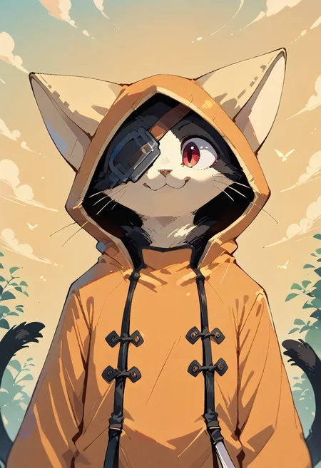 score_9,score_8_up,score_7_up,score_6_up,score_5_up,score_4_up,source_anime,kemono,solo,depth of field,ambient occlusion,cinematic lighting,smile,looking forward,sky,jubei,hoodie,red eyes,eyepatch,2 tails,cat,orange hoodie,animal hood,black fur,white fur,two-tone fur,4 toes,standing,pawpads,smile,katana,<lora:Jubei:0.8>,<lora:pony_pony_2_adamW:1>,