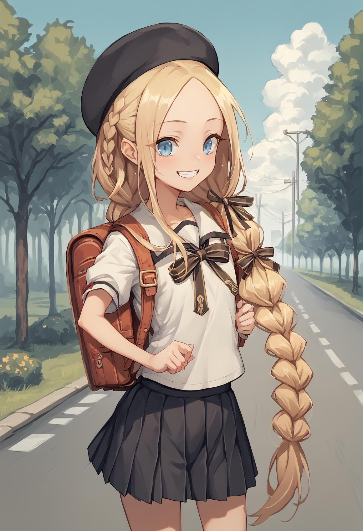 1girl, blonde hair, long hair, blue eyes, forehead, sidelocks, braid, neck ribbon, school uniform, short sleeves, skirt, shirt, outdoors, smile, backpack, beret,  <lora:Kuro_XL:1> <lora:abby_xl:1>, score_9, score_8_up, score_7_up, score_6_up, score_5_up, score_4_up, BREAK source_anime, masterpiece