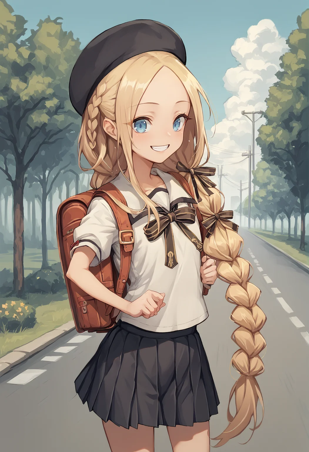 1girl, blonde hair, long hair, blue eyes, forehead, sidelocks, braid, neck ribbon, school uniform, short sleeves, skirt, shirt, outdoors, smile, backpack, beret, <lora:Kuro_XL:1> <lora:abby_xl:1>, score_9, score_8_up, score_7_up, score_6_up, score_5_up, score_4_up, BREAK source_anime, masterpiece