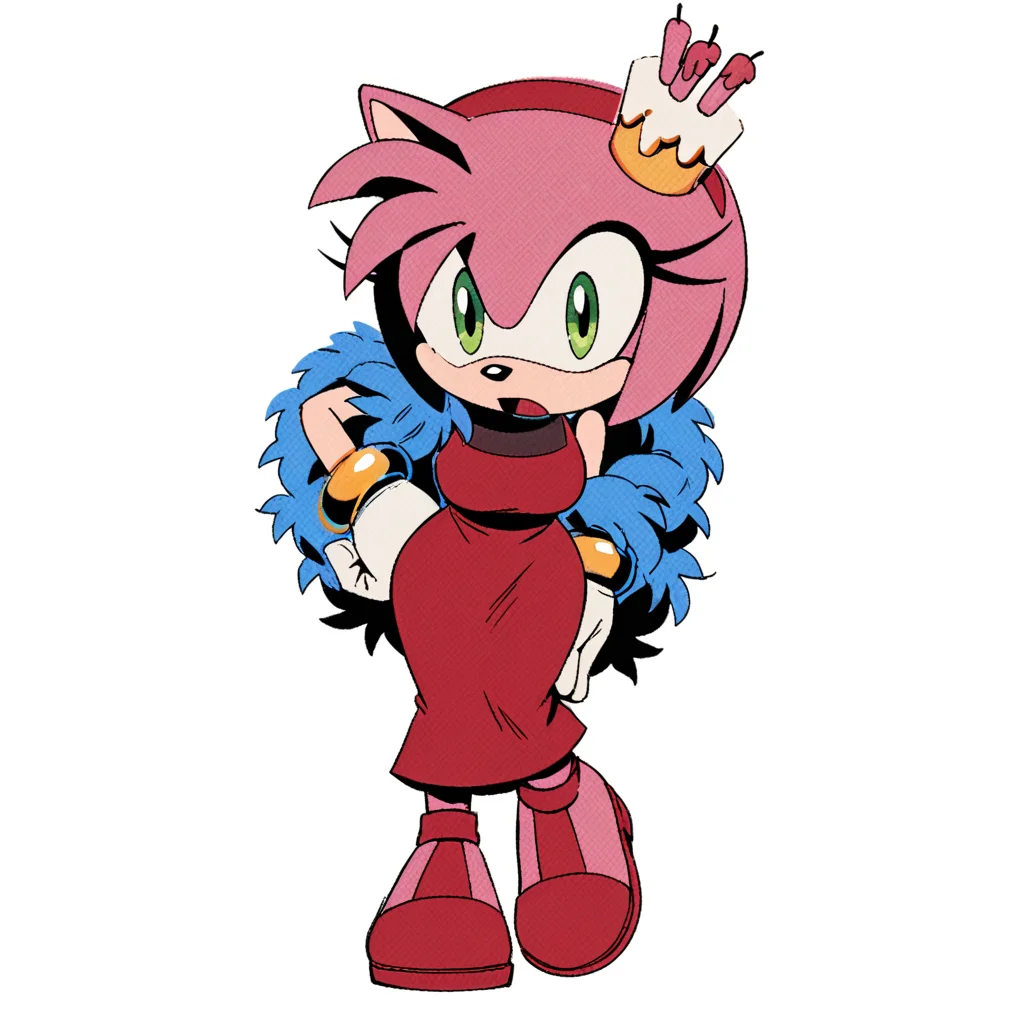 score_9, score_8_up, score_7_up, score_6_up, score_5_up, score_4_up, BREAK, <lora:Amy_Rose:1>, amy rose, 1girl, looking at viewer, open mouth, simple background, gloves, white background, dress, jewelry, standing, full body, hairband, food, shoes, sleeveless, white gloves, skin tone arms, bracelet, hand on hip, red dress, crown, red footwear, furry, cake, furry female, red hairband, animal nose, solo, green eyes, animal ears, pink hair, pink fur, large breasts, wide hips,