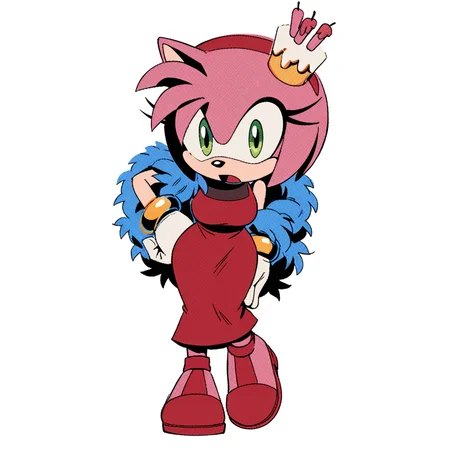 score_9, score_8_up, score_7_up, score_6_up, score_5_up, score_4_up, BREAK, <lora:Amy_Rose:1>, amy rose, 1girl, looking at viewer, open mouth, simple background, gloves, white background, dress, jewelry, standing, full body, hairband, food, shoes, sleeveless, white gloves, skin tone arms, bracelet, hand on hip, red dress, crown, red footwear, furry, cake, furry female, red hairband, animal nose, solo, green eyes, animal ears, pink hair, pink fur, large breasts, wide hips,