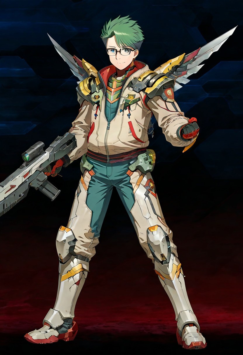 gb4_tao, green hair, short hair, grey eyes, 1boy, solo, male focus, glasses, lean body, wear mecha armor with eagle mecha wings, white mecha armor theme, fly toward the viewer, fight pose, high quality,  armaments equipped in the armor,  score_9, futuristic city in the background, BREAK, his right hand is holding beam rifle, high quality, best quality, masterpiece, detailed draw,detailed eyes, detailed face