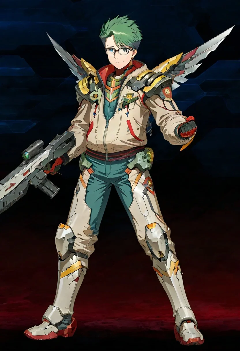 gb4_tao, green hair, short hair, grey eyes, 1boy, solo, male focus, glasses, lean body, wear mecha armor with eagle mecha wings, white mecha armor theme, fly toward the viewer, fight pose, high quality,  armaments equipped in the armor,  score_9, futuristic city in the background, BREAK, his right hand is holding beam rifle, high quality, best quality, masterpiece, detailed draw,detailed eyes, detailed face