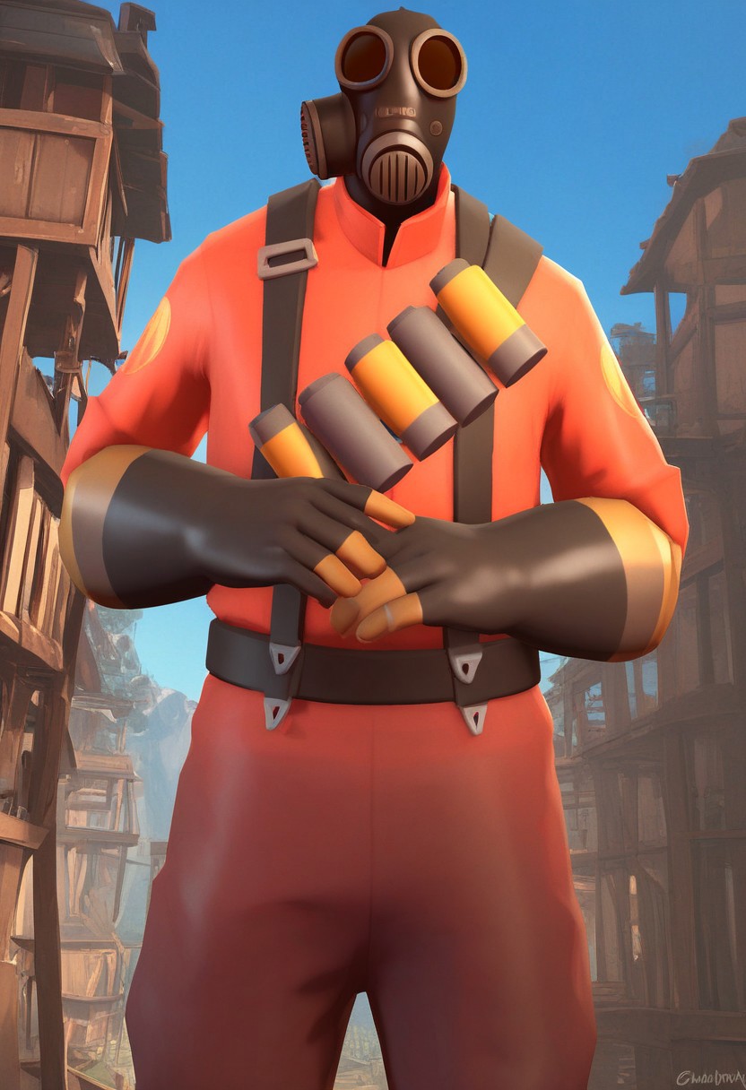 score_9, score_8_up, score_7_up, score_6_up, score_5_up, score_4_up, BREAK , solo, 1boy,
ingame, team fortress 2, mask focus, male focus, colorful image,
tf2_pyro, black expressive gas mask, black gloves, black boots,harness, pyro suit, big head, dynamic angle, arms crossed, 
best aesthetic, upper body view, wooden buildings in the background, blue sky, daylight, looking at viewer, mountains in the background, trees in the background, outdoors, creative angle,body visible from waist up,
