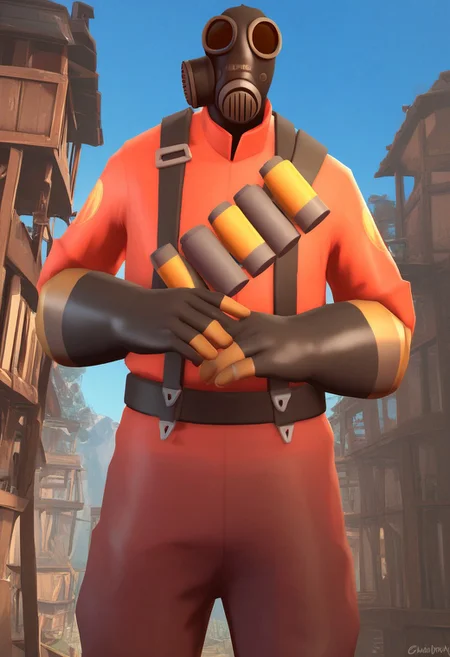 score_9, score_8_up, score_7_up, score_6_up, score_5_up, score_4_up, BREAK , solo, 1boy,
ingame, team fortress 2, mask focus, male focus, colorful image,
tf2_pyro, black expressive gas mask, black gloves, black boots,harness, pyro suit, big head, dynamic angle, arms crossed,
best aesthetic, upper body view, wooden buildings in the background, blue sky, daylight, looking at viewer, mountains in the background, trees in the background, outdoors, creative angle,body visible from waist up,