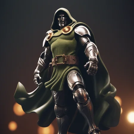 cinematic photo dr doom, full body, with an helmet and a hood, futuristic labotary background <lora:DrDoom1024:0.7> . 35mm photograph, film, bokeh, professional, 4k, highly detailed