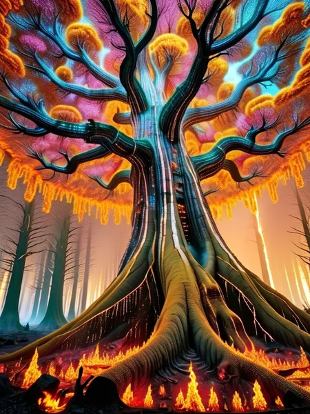 (corrupted tree fae asymmetrical robotic, vibrant upside down forest, (inside burning combat destruction bomb explosion fire cinder warfare war)) <lora:ral-ledlights-sdxl:1> made of ral-ledlights
