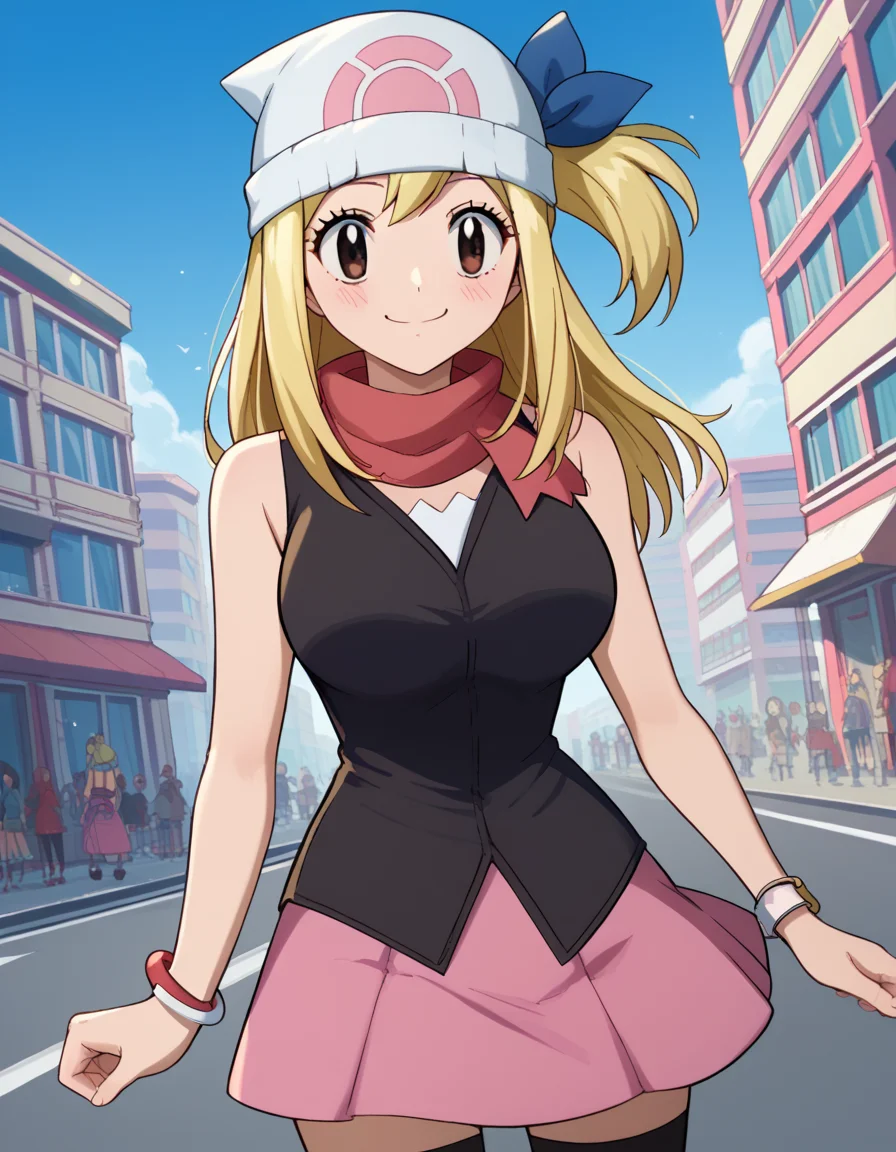 score_9, score_8_up, score_7_up, source_anime, lucyheartfilia, <lora:lucy-heartfilia-s7-ponyxl-lora-nochekaiser:1>, lucy heartfilia, blonde hair, brown eyes, long hair, one side up, ribbon, hair ribbon, blue ribbon, large breasts,, <lora:dawn-pokemon-cosplay-ponyxl-lora-nochekaiser:1>, dawnpokemoncosplay, dawn \(pokemon\) \(cosplay\), bare shoulders, beanie, black shirt, black socks, bracelet, hat, jewelry, kneehighs, miniskirt, pink skirt, red scarf, scarf, shirt, skirt, sleeveless, sleeveless shirt, white headwear,, cityscape, street, smile, blush,, cowboy shot, dutch angle, solo,