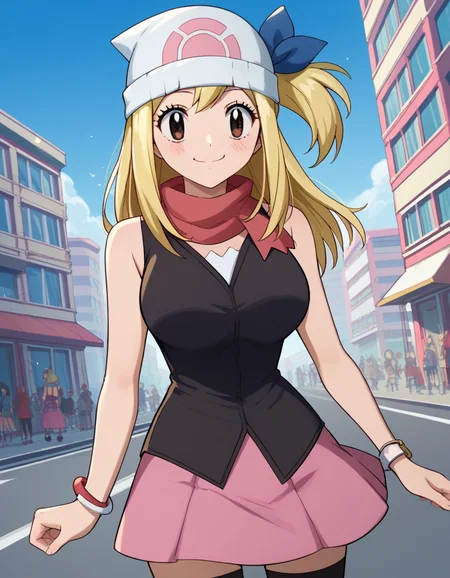 score_9, score_8_up, score_7_up, source_anime, lucyheartfilia, <lora:lucy-heartfilia-s7-ponyxl-lora-nochekaiser:1>, lucy heartfilia, blonde hair, brown eyes, long hair, one side up, ribbon, hair ribbon, blue ribbon, large breasts,, <lora:dawn-pokemon-cosplay-ponyxl-lora-nochekaiser:1>, dawnpokemoncosplay, dawn \(pokemon\) \(cosplay\), bare shoulders, beanie, black shirt, black socks, bracelet, hat, jewelry, kneehighs, miniskirt, pink skirt, red scarf, scarf, shirt, skirt, sleeveless, sleeveless shirt, white headwear,, cityscape, street, smile, blush,, cowboy shot, dutch angle, solo,