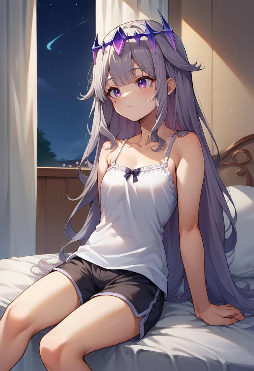 score_9, score_8_up, source_anime, 1girl, solo, KosekiBijou, long hair, hair flaps, floating headpiece, sleepwear, camisole, shorts, on bed, night, <lora:ChamKosekiBijouPonyXL:1>