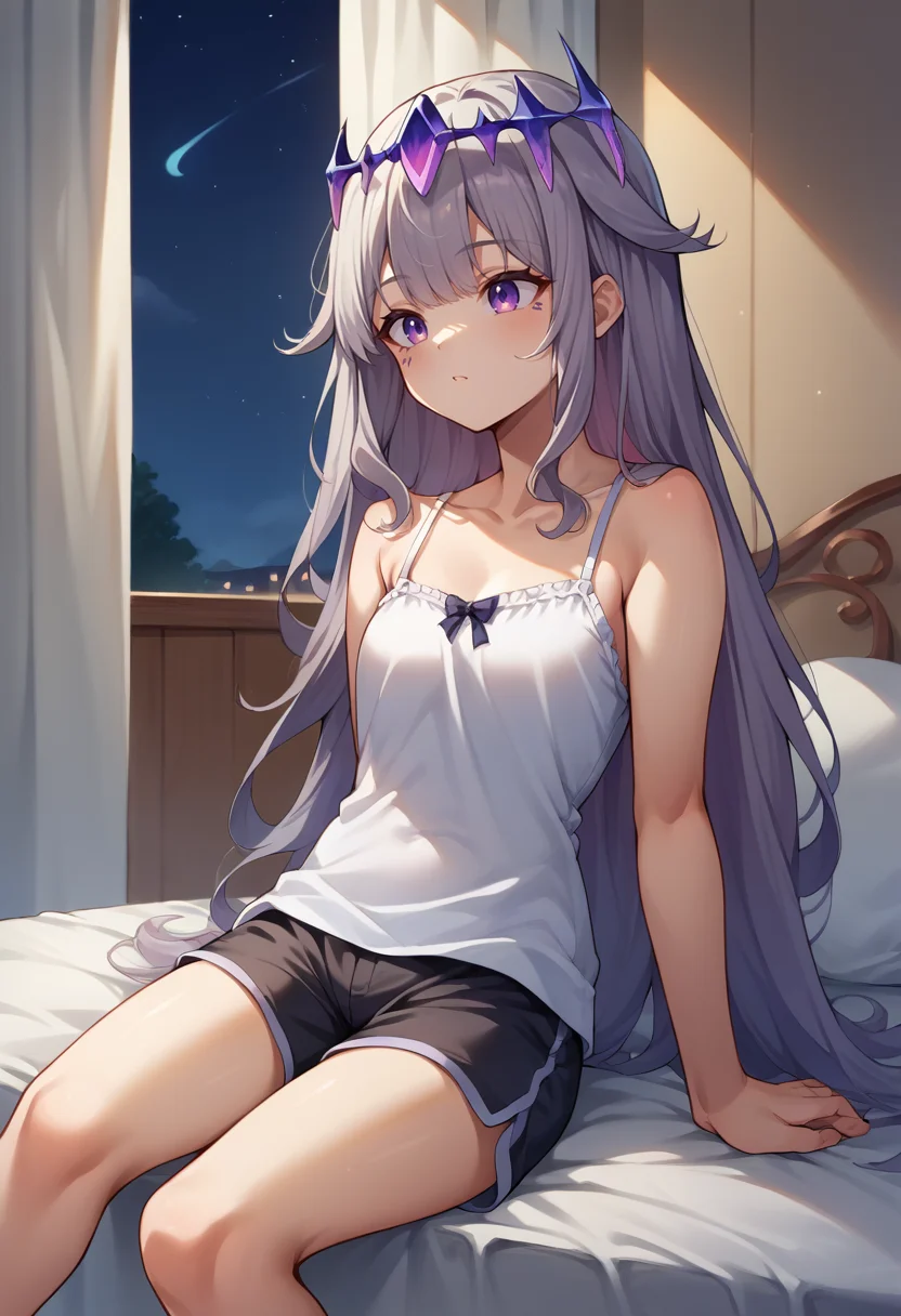 score_9, score_8_up, source_anime, 1girl, solo, KosekiBijou, long hair, hair flaps, floating headpiece, sleepwear, camisole, shorts, on bed, night, <lora:ChamKosekiBijouPonyXL:1>