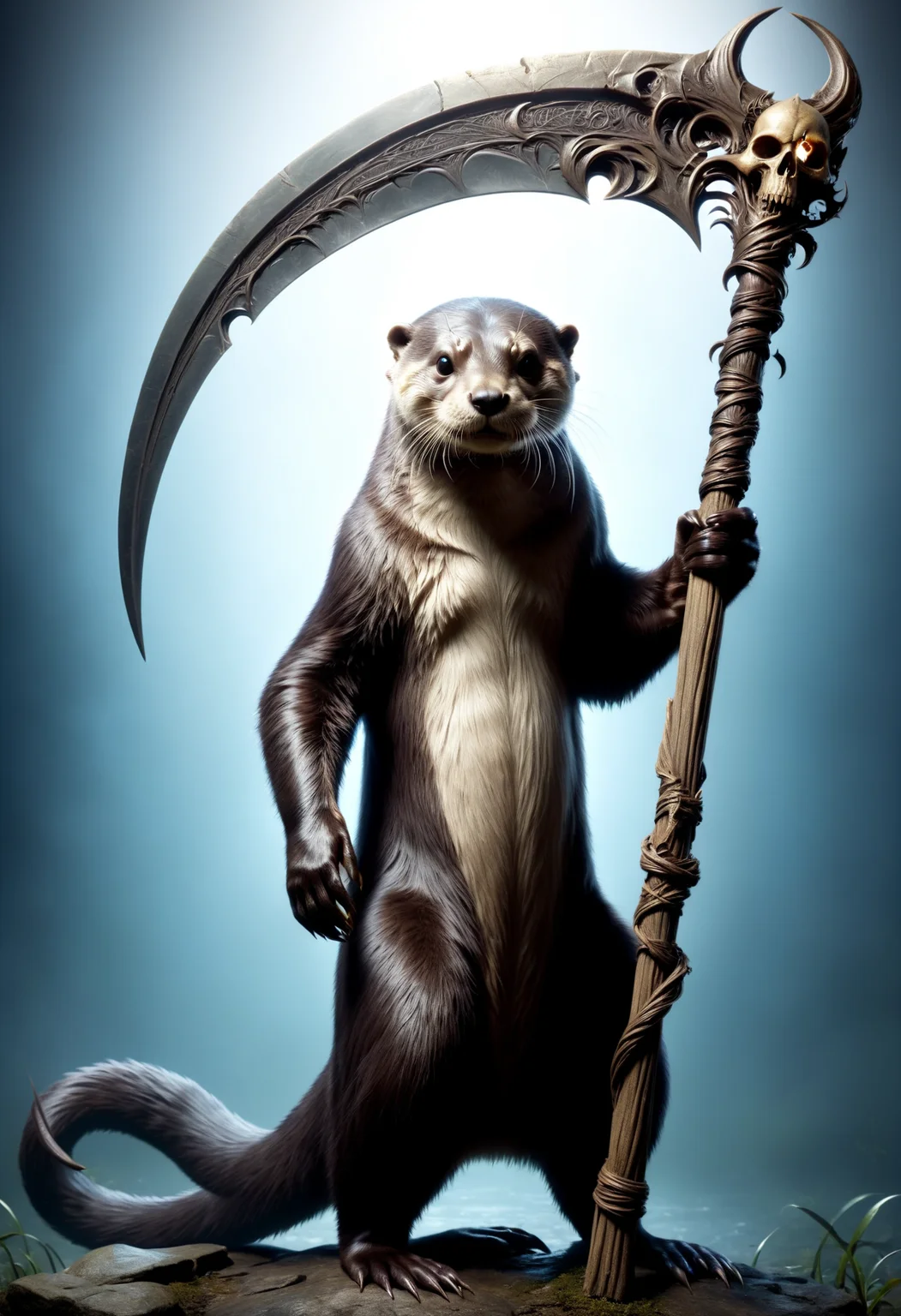 otter holding a DonM5cy7h3XL scythe, single blade <lora:DonM5cy7h3XL-v1.1-000006:0.8>