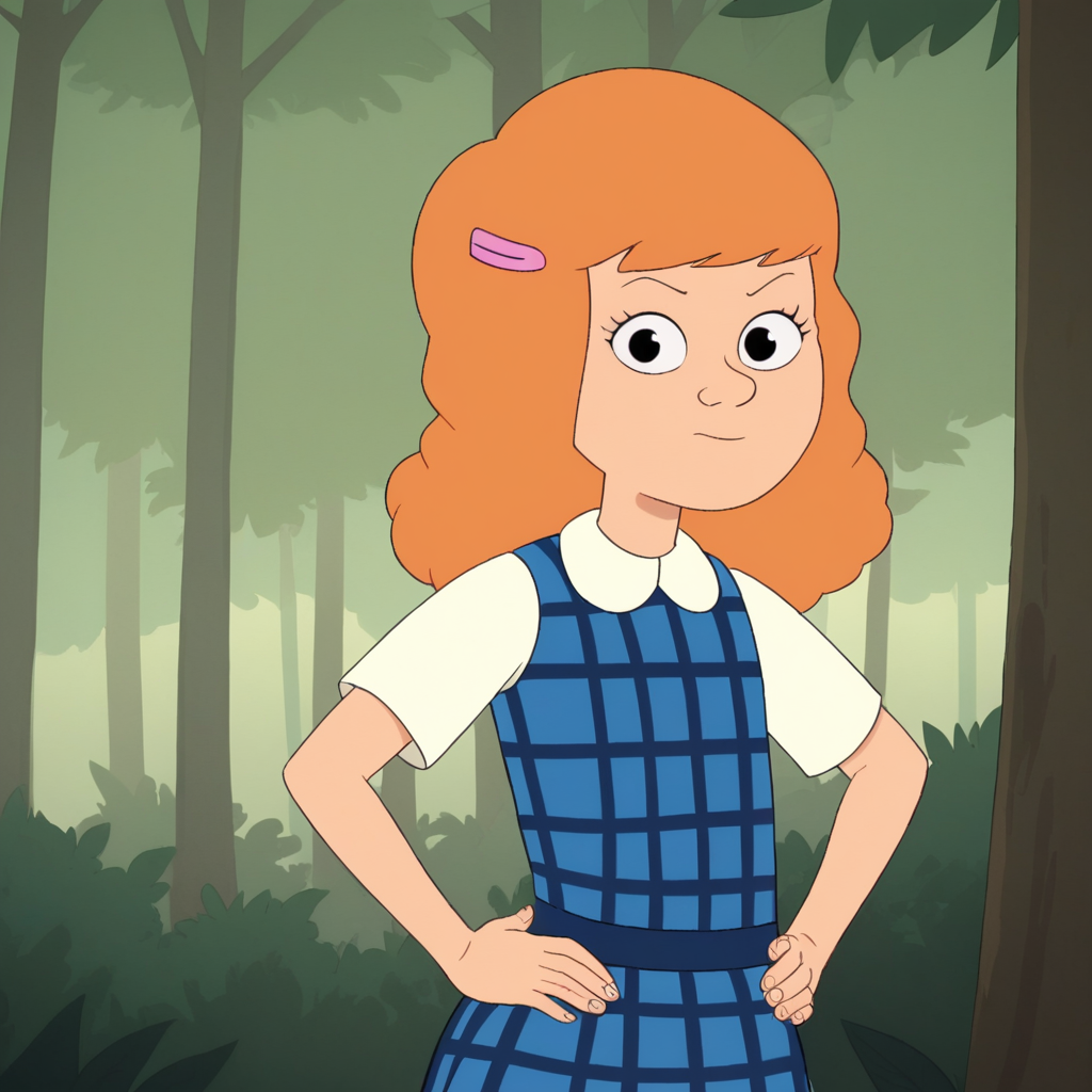 score_8_up, BREAK, BRIDGET, solo, 1girl,  solo, orange hair, black eyes, hairclip, blue plaid dress, short sleeves, cowboy shot, hands on own hips, <lora:BridgetFitzsimmons_PXL_Leaf1:0.8>, forest,  looking at viewer,