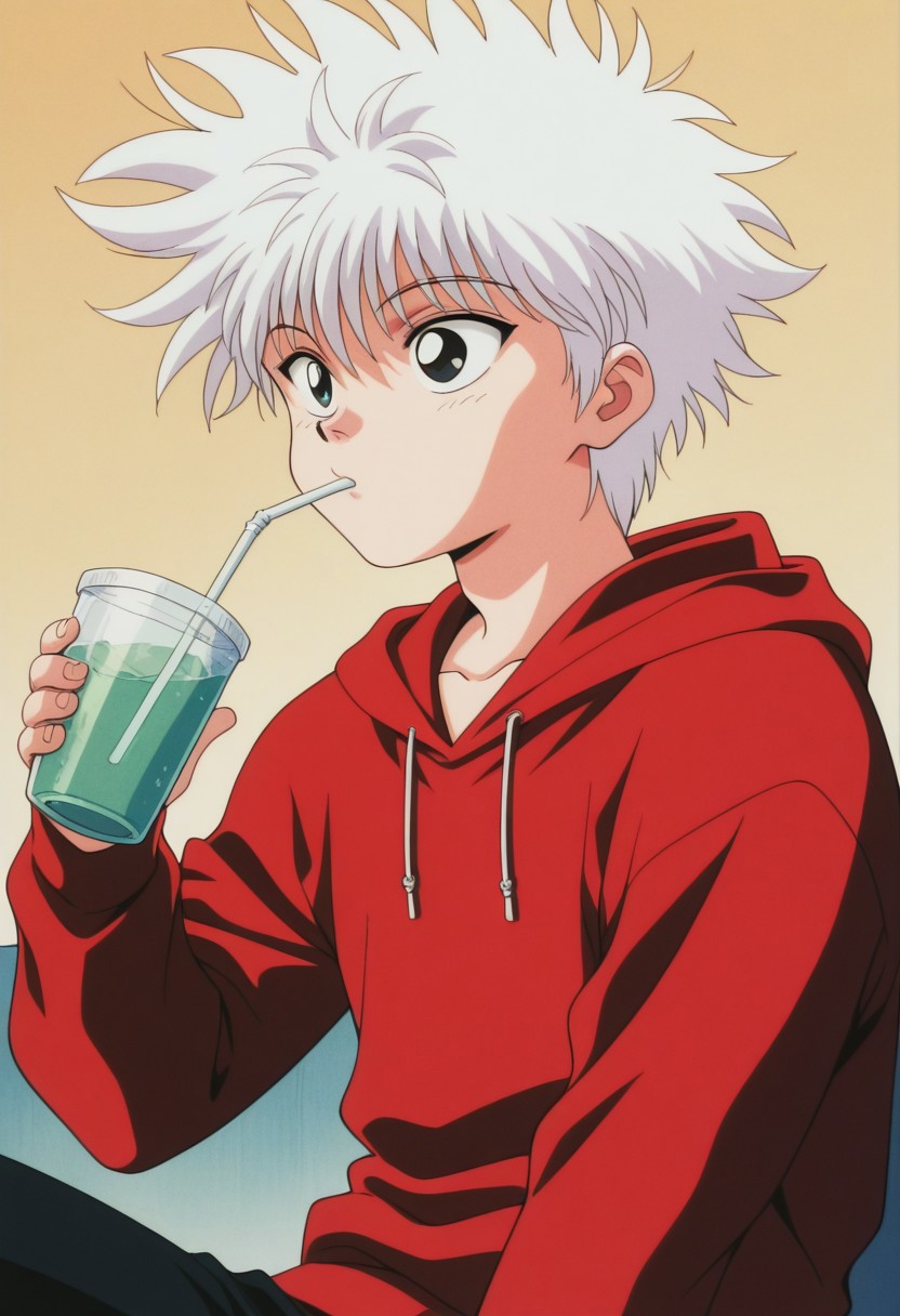 masterpiece,best quality,amazing quality, source_anime, retro_artstyle,
KiruaZorudikku, solo, 1boy, male focus, drinking straw, drinking, white hair, cup, upper body, hoodie, red hoodie