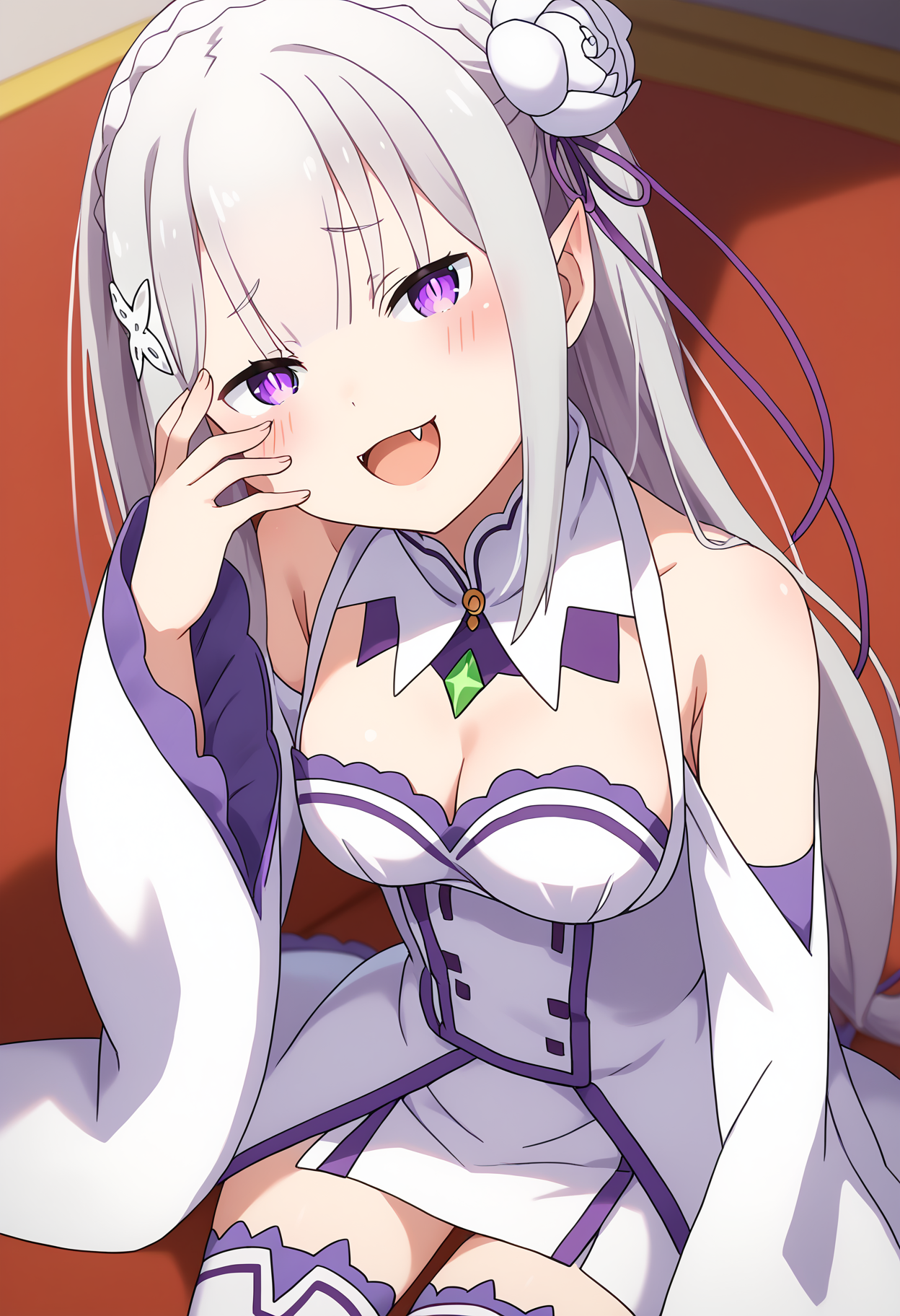 score_9, score_8_up, score_7_up, source_anime, 
BREAK
1girl, solo,   
<lora:shiEmiliaV2:1.0> shimilia, long hair, grey hair, purple eyes, pointy ears, crown braid, hair flower, hair ribbon, purple ribbon, x hair ornament, white dress, cleavage, bare shoulders, wide sleeves, white thighhighs, thigh boots,
<lora:shiMesugakiV1:0.8>, shimesugaki, mesugaki, open mouth, smile, blush, fangs, looking at viewer, hand up, hand on own face, half-closed eyes,