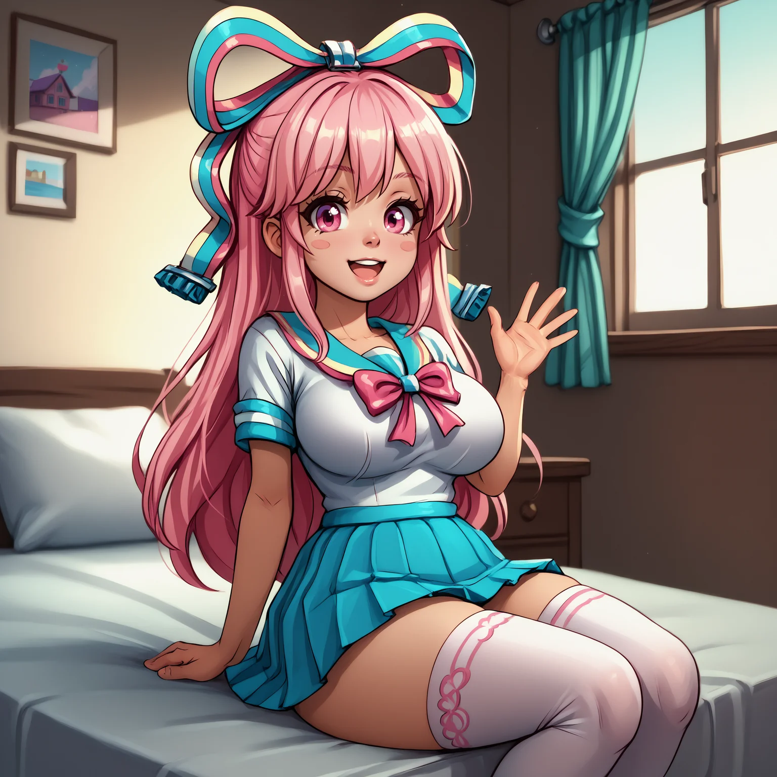 zPDXL2, score_9, score_8_up, score_7_up, detailed, intricate details, chromatic aberration, realistic, front view, head and shoulders portrait, upperbody close-up, cowboy shot, looking at viewer, indoors, home, house, 1girl, solo, <lora:Giffany:0.8> Giffany, open mouth, smile, Pink hair, long hair, pink eyes, big eyes, blush stickers, Hair bow, school uniform, White shirt, blue skirt, pink ribbon, white thighhighs, thighigh socks, pink footwear, large breasts, large ass, thick thighs, slender torso, sitting, both hands waving, good_hands, <lora:pony_good_hands:1> <lora:detailed_notrigger:2>