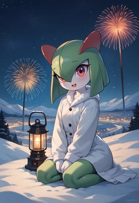 (((Kirlia))), female, anthro, pale white skin, masterpiece, score_9_up, score_8_up, score_7_up, score_6_up, (best quality:1.1), ultra-detailed, high resolution, solo, highly detailed macro illustration BREAK 1girl, solo, Gardevoir , (happy expression, cute face:1.3), wearing white winter coat BREAK sitting, outside on a snowy hill, looking up, colorful fireworks in the night sky, winter, night, soft snow, (metal city lantern), faint lights of a distant town in the background, (new year's eve) BREAK sharp focus, perfect lighting, extremely detailed, tranquil setting, high detail, detailed background, OverallDetail, zPDXL3, ((2025 written in the stars))