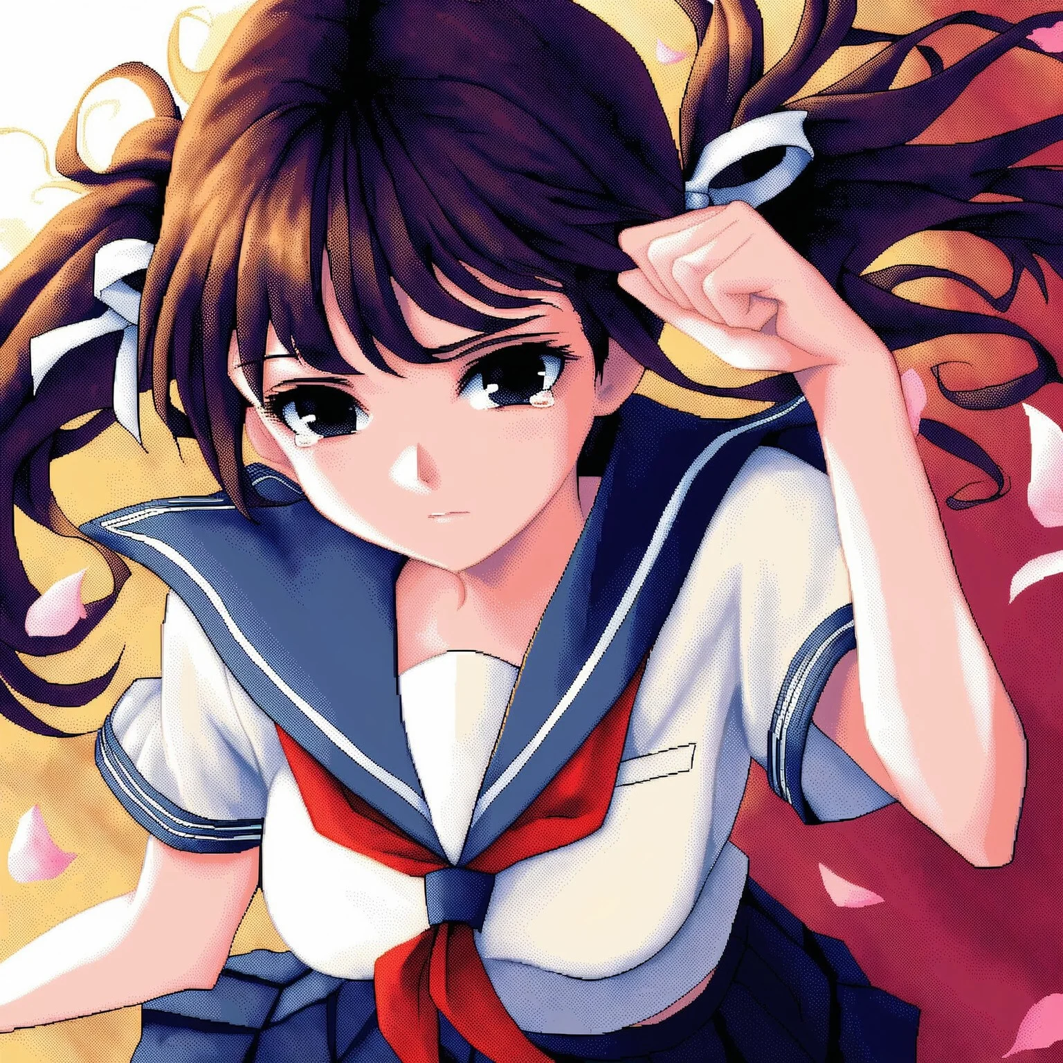 safe_pos, (masterpiece, best quality:1.2),ultra detailed,soft light,easynegative,soft light,beautiful hair, beautiful face, beautiful eyes,detailed face,beautiful body,(pure face: 0.8),(pure skin: 0.8),beautiful skin,(Expressiveh: 1.2),pixel art shading,1girl,young woman,white skin,(black eyes: 1.1),long hair,(black hair: 1.1),(blunt hair: 1.1),(Twintails: 1.2),hair ribbons,white ribbons,medium breast,(looking away: 1.2),rubbing eyes,tears, blush,sadness,slender body,school uniform, serafuku, pleated skirt, sailor collar, white shirt,standing,(upper body: 1.2),close-up face,(from front: 1.3),(from above: 1.1),(floating hair: 1.3),outdoors,park, (wind: 1.1),(sakura,sakura petals: 1.1),sunset,