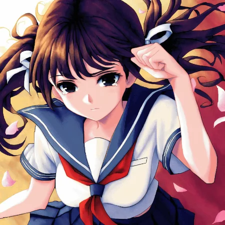 safe_pos, (masterpiece, best quality:1.2),ultra detailed,soft light,easynegative,soft light,beautiful hair, beautiful face, beautiful eyes,detailed face,beautiful body,(pure face: 0.8),(pure skin: 0.8),beautiful skin,(Expressiveh: 1.2),pixel art shading,1girl,young woman,white skin,(black eyes: 1.1),long hair,(black hair: 1.1),(blunt hair: 1.1),(Twintails: 1.2),hair ribbons,white ribbons,medium breast,(looking away: 1.2),rubbing eyes,tears, blush,sadness,slender body,school uniform, serafuku, pleated skirt, sailor collar, white shirt,standing,(upper body: 1.2),close-up face,(from front: 1.3),(from above: 1.1),(floating hair: 1.3),outdoors,park, (wind: 1.1),(sakura,sakura petals: 1.1),sunset,