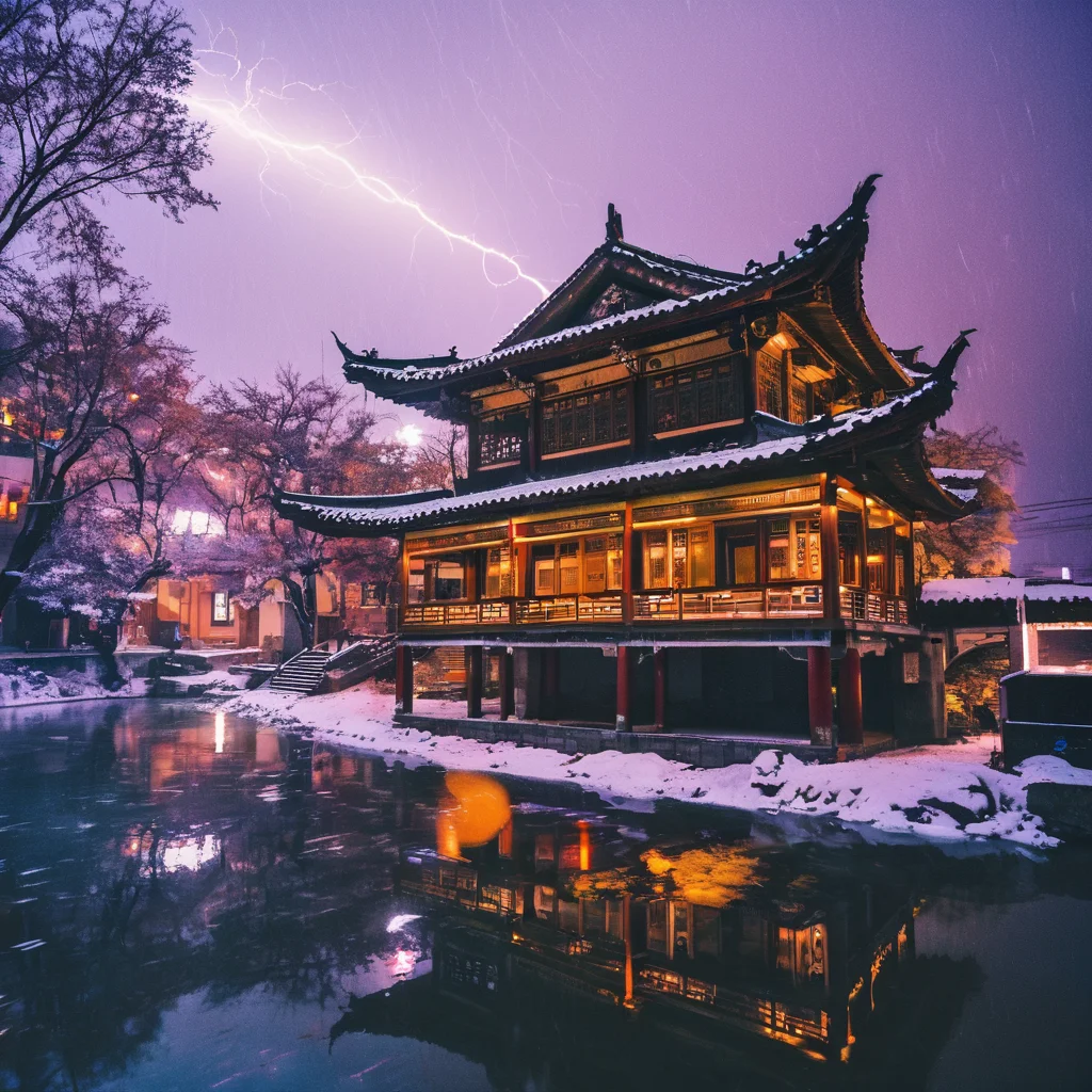4k,realistic,photograph,analog film photo Deep photo,ferrania p30 film,Kodachrome,grainy,chinese style,night,
a beautiful cyberpunk  building in a cyberpunk  street by the river,neo light,colorful,bloom,heavy snow,lightning,storm,
east asian architecture,<lora:east_asian_architecture:0.6>,