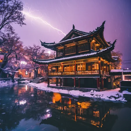 4k,realistic,photograph,analog film photo Deep photo,ferrania p30 film,Kodachrome,grainy,chinese style,night,
a beautiful cyberpunk building in a cyberpunk street by the river,neo light,colorful,bloom,heavy snow,lightning,storm,
east asian architecture,<lora:east_asian_architecture:0.6>,