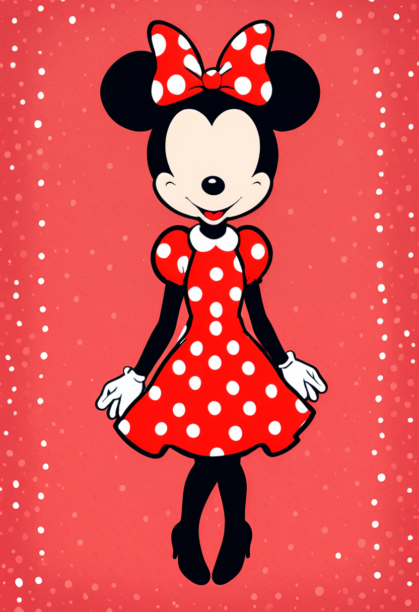 minimal1st, minnie mouse, faceless, smile, red polka dot dress, full body, cheery background <lora:Minimalist_Anime_XL:1>