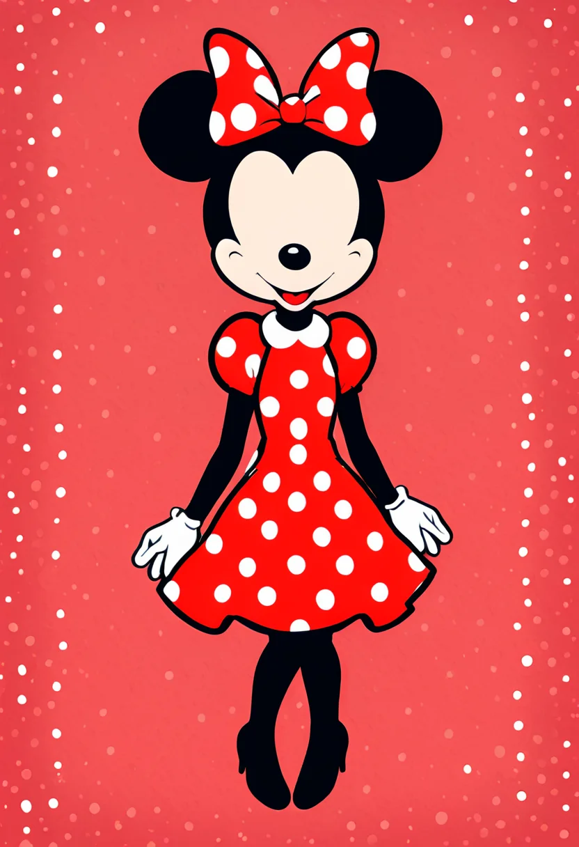 minimal1st, minnie mouse, faceless, smile, red polka dot dress, full body, cheery background <lora:Minimalist_Anime_XL:1>