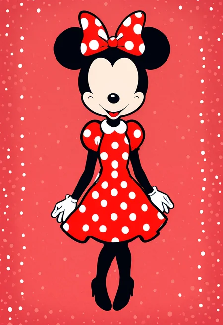 minimal1st, minnie mouse, faceless, smile, red polka dot dress, full body, cheery background <lora:Minimalist_Anime_XL:1>