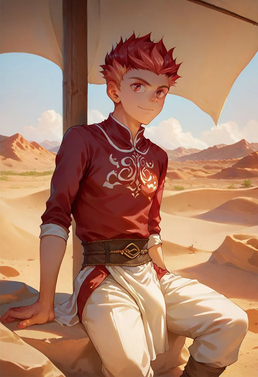 score_9, score_8_up, score_8_up, 1boy, handsome twink, masterpiece, gold and crimson hair, crimson eyes, medieval clothing, medieval pants, medieval shirt, detailed cloth clothing, detailed background, flat desert background, sandy desert, sitting on a rock, taiga, neutral expression, light smile, light tan