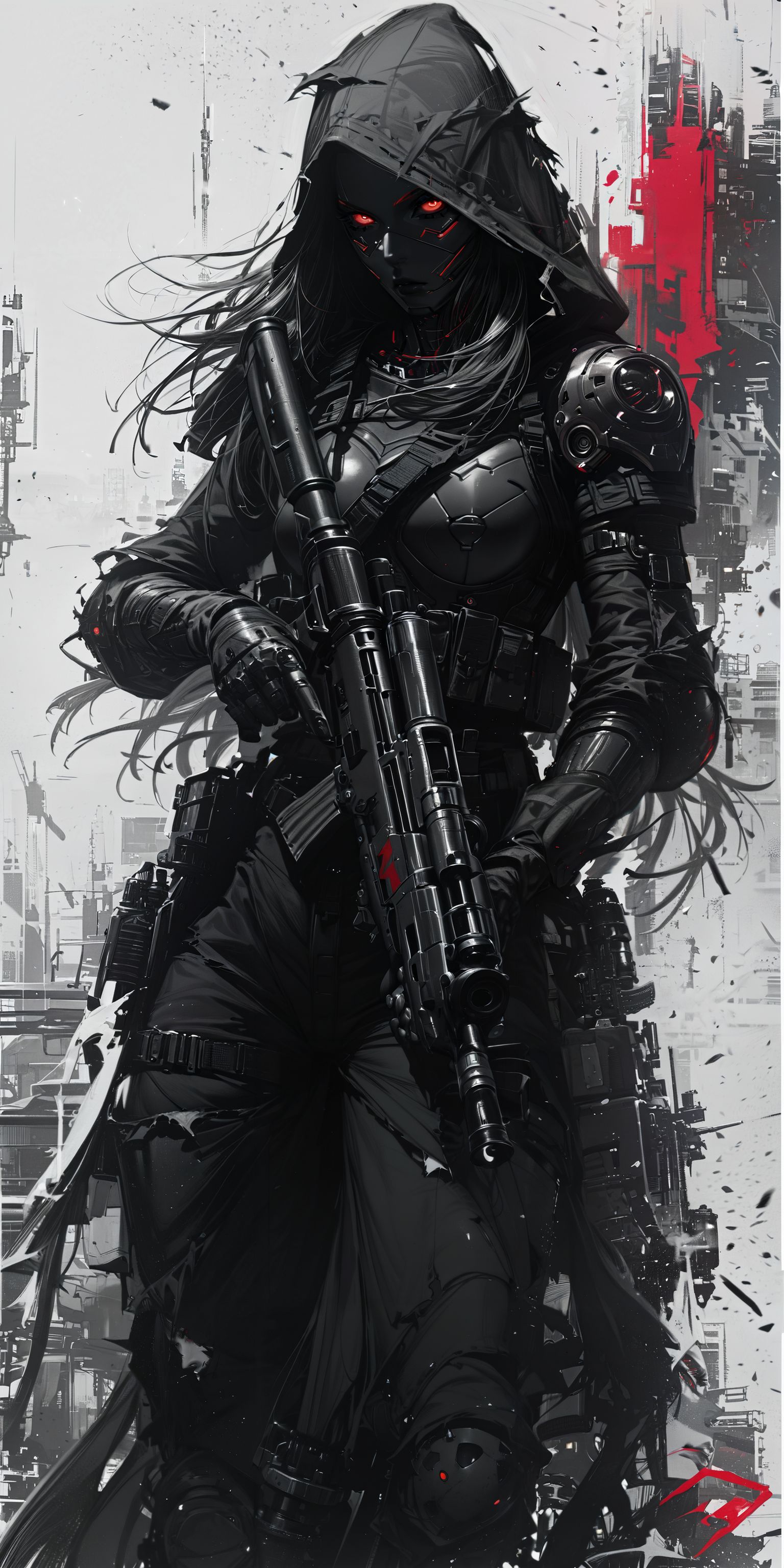 score_9, score_8_up, score_7_up,  thick lineart, sharp edges,  clear focus, A black and white sketch of an enigmatic woman with red eyes, dressed in dark armor and carrying two machine guns. Her long hair is tied back by a hood that covers her face completely. She stands tall against the backdrop of war-torn urban landscapes, creating a dramatic contrast between light and shadow. The style reflects cyberpunk aesthetics, with bold brush strokes adding intensity to the expressionism in the style of the artist.
<lora:sinfully_stylish_SDKL:1> <lora:add-detail-xl:1>
