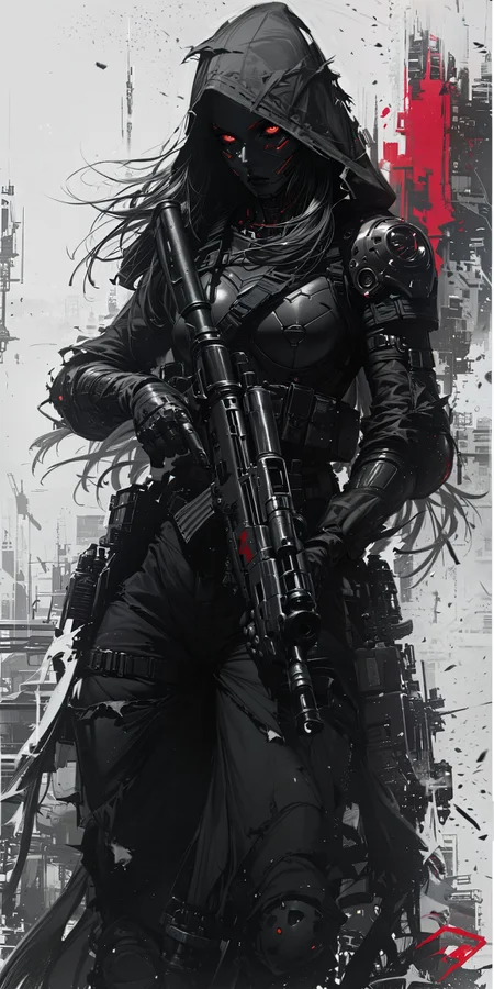 score_9, score_8_up, score_7_up, thick lineart, sharp edges, clear focus, A black and white sketch of an enigmatic woman with red eyes, dressed in dark armor and carrying two machine guns. Her long hair is tied back by a hood that covers her face completely. She stands tall against the backdrop of war-torn urban landscapes, creating a dramatic contrast between light and shadow. The style reflects cyberpunk aesthetics, with bold brush strokes adding intensity to the expressionism in the style of the artist.
<lora:sinfully_stylish_SDKL:1> <lora:add-detail-xl:1>