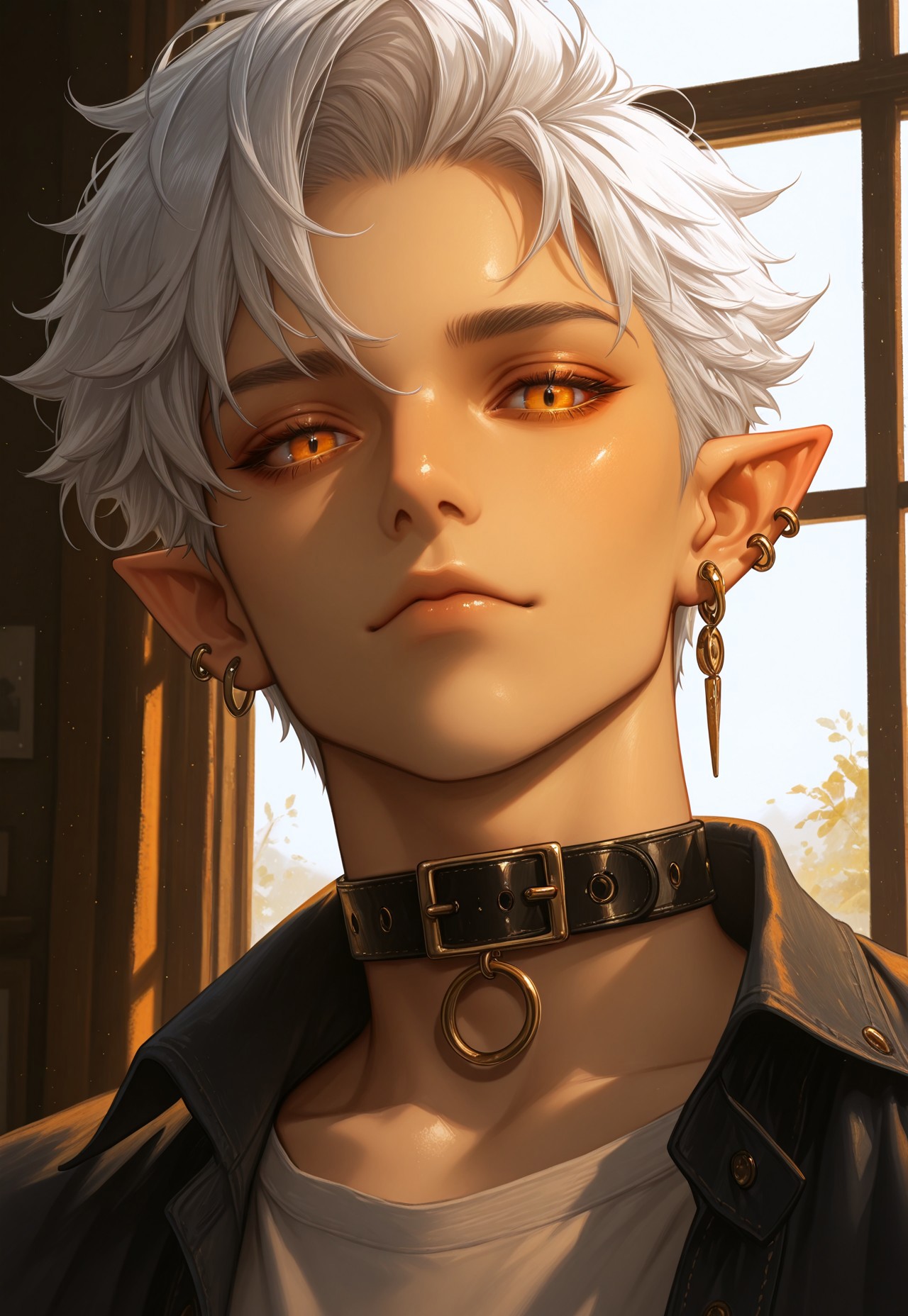 masterpiece, very aesthetic, F4UXM3D14, 1boy, male focus, pointy ears, jewelry, earrings, solo, looking at viewer, collar, ear piercing, short hair, piercing, portrait, yellow eyes, white hair, orange eyes, window, painterly, traditional media, gouache, oil paint, painting, faux traditional media