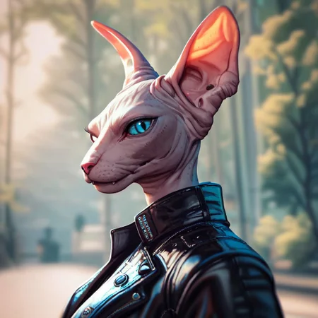 (((beautiful, detailed, high quality))), upper Body, score_9, score_8_up, score_7_up,
tabaxi, tabaxi sphynx,
1girl, blue eyes, black leather jacket, black top,
looking at the viewer, posing, blurred background, blurred fantasy background,