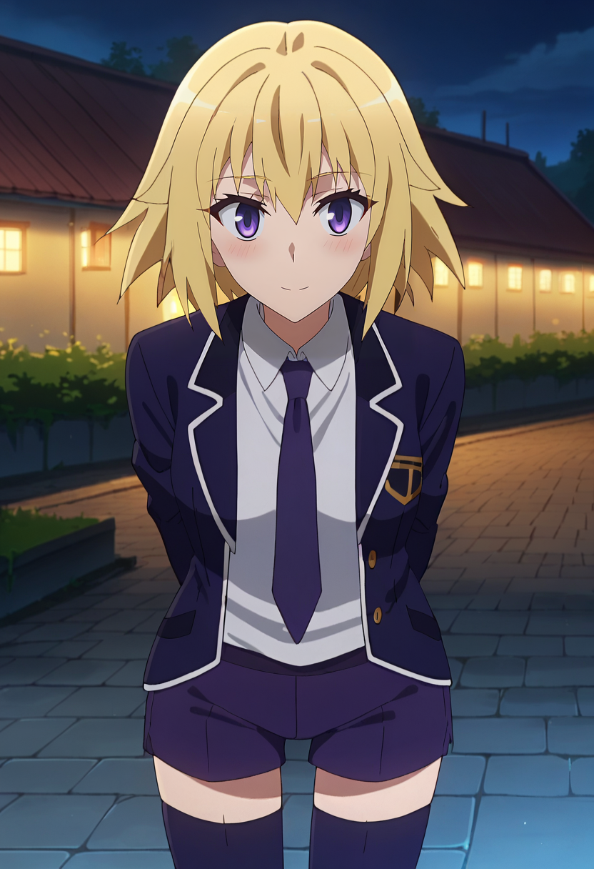 score_9, score_8_up, anime screencap, anime coloring, 
<lora:FateApocrypha_JeanDArcXL:0.8>, JeanDArcFA,
1girl, closed mouth, light smile, blush,
blonde hair, purple eyes, short hair, single braid,
JeanSchool, purple jacket, collared shirt, white shirt, purple necktie, purple shorts, purple thighhighs,
standing, looking at viewer, thigh gap, arms behind back, leaning forward,
outdoors, night, night sky, scenery, blue theme, fog