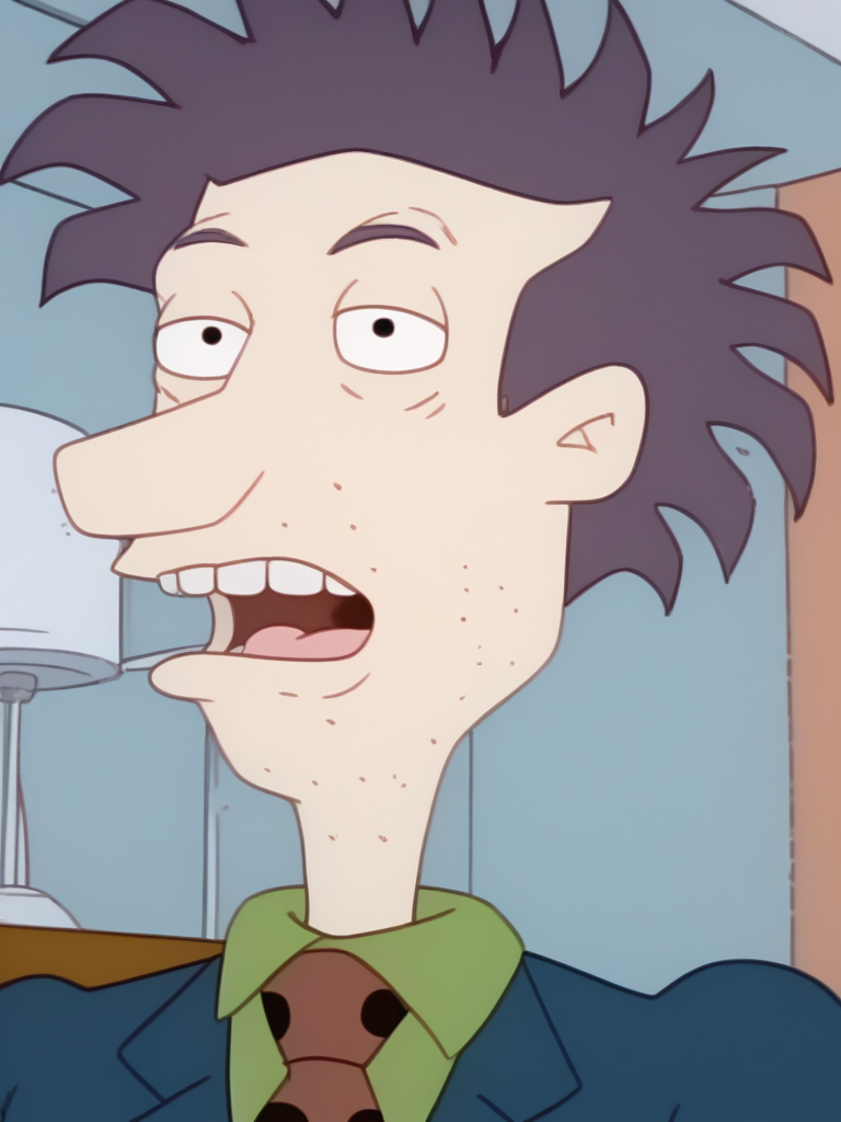 <lora:Stu Pickles - PDXL:1.75> stu_pickles, dark blue hair, short messy hair, stubble, black eyes, light skin, long sleeves, dark blue, buttondown shirt, green undershirt, red tie with black polka_dot, portrait, looking at viewer, mouth open, teeth, gasping, source_cartoon, score_9, score_8_up, score_7_up,
