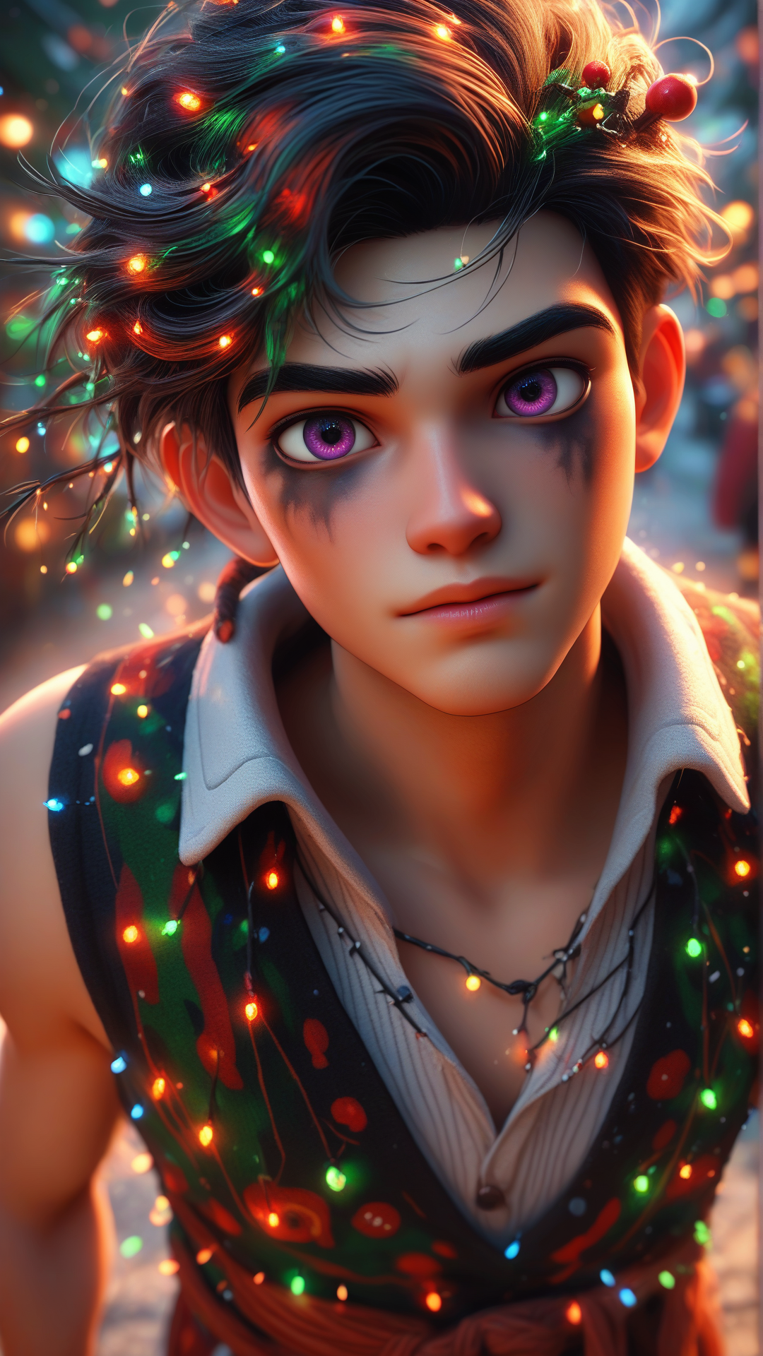 score_9, score_8_up, score_7_up, score_6_up, score_5_up, source_anime, A video game graphic image of a ChristmasLightsStyle Street photography, Northern European, middle-aged, man, Medium hair, Braided Pigtails hair, High skin fade hair, Mahogany hair, Hairpin,  Protruning eyes shape, Violet eyes, Goggles, Defined Cupid's Bow lips, Peach lips, Round with High Cheekbones face, Watercolor makeup, Neutral, Slim body, Glamour pose, Touching hair, Smart Casual dress, Top light, Mist, Evening, Drizzle, Neutral gray background, Sunrise background, Pentax K-1 Mark II, Zoom shot, Overhead angle. Covered in colorful christmas lights, <lora:ChristmasLightsStylePDXL:1>