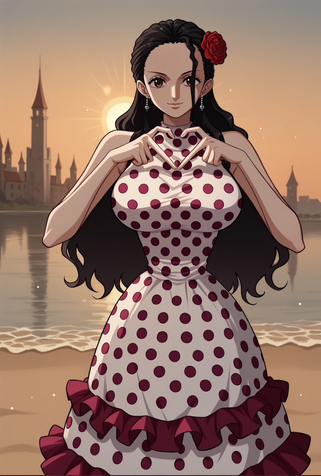 score_9, score_8_up, source_anime  BREAK solo, looking at viewer, cowboy shot,
<lora:ViolaPdxlDwnsty-000008:1>, violaop, brown eyes, black hair, long hair, hair slicked back, earrings, hair flower, polka dot dress, sleeveless dress, frilled dress, jewelry, heart fingers, heart hands, <lora:Heart_Fingers__Concept_Lora-000007:1>,
smile, curvy, large breasts, 
city, sand, medieval, sun, sunlight,