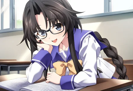 1girl, chisa\(memories off 6\), solo, glasses, long sleeves, class room, table, window, black long hair, yellow bowtie, single braid, sumisora school uniform, black eyes, open mouth, smile, looking at viewer, upper body, masterpiece, best quality, very aesthetic, absurdres, <lora:chisa:1>