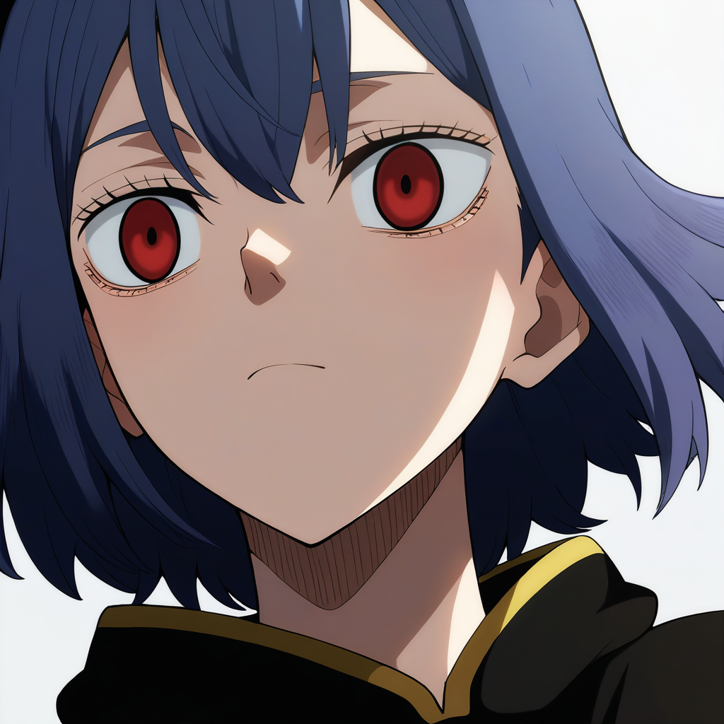 sharp focus, pixiv masterpiece, source_anime, score_9, score_8_up,  score_7_up,  absurd res, high res, BREAK
Secre_Swall0wtail_XL, 1girl, solo, <lora:Secre_Swallowtail_Illustrious_v53-000017:1> , dark-blue hair, red eyes,(short_blackbull-cape:1.1),  simple background, white background, small breasts, expressionless,shiny skin, glossy eyes, close up