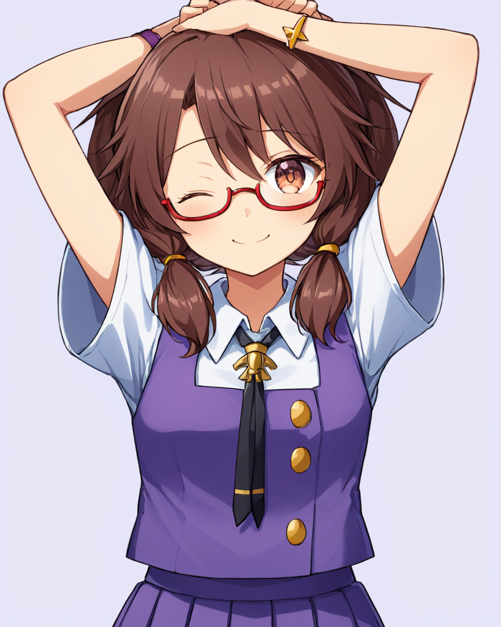 usami sumireko,1girl, solo, glasses, one_eye_closed, smile, purple_skirt, necktie, white_background, short_sleeves, simple_background, purple_vest, white_shirt, looking_at_viewer, alternate_costume, twintails, closed_mouth, pleated_skirt, arms_up, red-framed_eyewear, choker, collar, no_headwear, buttons, cowboy_shot, serafuku
<lora:usami_sumireko_image1686_2023-12-20-000014:1>,star-shaped_pupils,symbol-shaped_pupils,. gorgeous,key visual, vibrant, studio anime,award-winning, professional, highly detailed,high budget, cinemascope