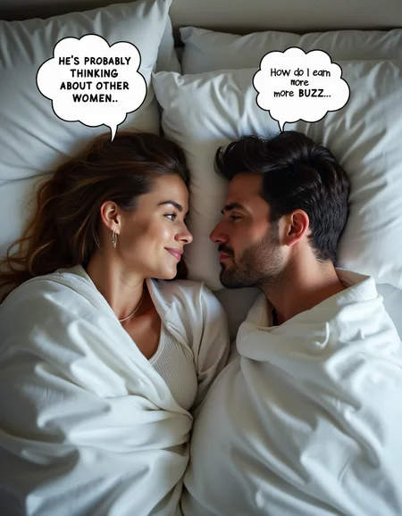 couple, woman and man lying in bed under blankets turned away from each other, seen from above, wearing pajamas , woman turning towards man, speech buble above her head with text "He's probably thinking about other women.", open eyes , speech buble above man's head with text "How do I earn more BUZZ?"
