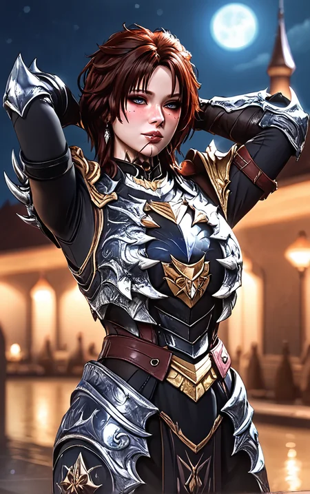score_9, score_8_up, score_7_up, masterpiece, best quality, absurdres, solo, BREAK
GoldArmor_Evelyn_ownwaifu,
1girl, black hair, eyelashes, eyeliner, eyeshadow under eye, facial mark, grey eyes, lips, makeup, messy hair, neck tattoo, nose, pale skin, red eyeshadow, short hair, tattoo, brown hair, earrings, jewelry, bangs, freckles,
gold armor, ornate armor, single pauldron, shoulder armor, pauldrons, breastplate, spikes, armor, gauntlets, full armor, gem,
(contrapposto, arms behind head), neon_lights, cityscape, night, pool, full moon, outdoors, <lora:PONYXL_BaldurGate3_Evelyn_ownwaifu:0.9> , depth of field